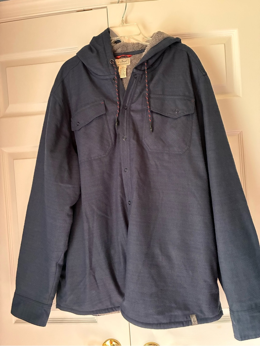 L.L. Bean Men's Navy Hooded Sherpa-Lined Shirt Jacket, Snap Front, #508242, XXL
